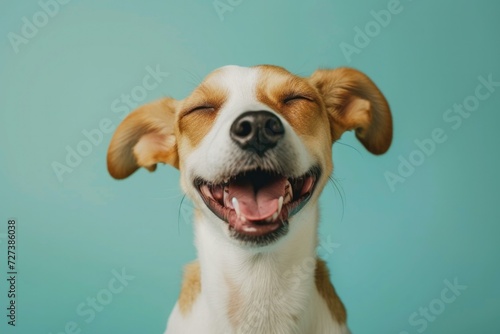 A dog is smiling and laughing in front of a blue background. Generative AI. photo