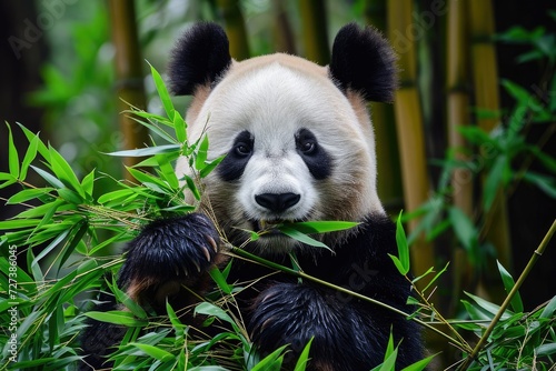 A panda bear peacefully munches on bamboo shoots in its natural habitat within a lush forest setting  A panda munching on bamboo in a Chinese bamboo forest  AI Generated