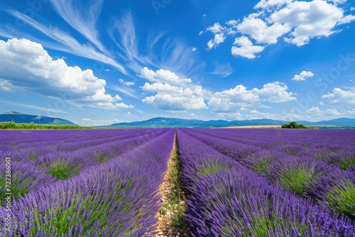 A vibrant field of lavender flowers blooms beneath a clear blue sky  A panorama of vast lavender fields under a radiant summer sky  AI Generated