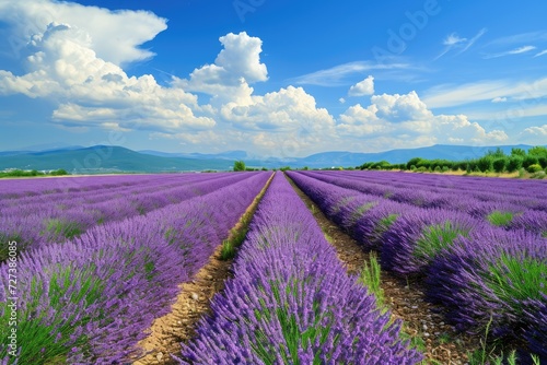 A vibrant field of lavender flowers blooms under the clear blue sky  A panorama of vast lavender fields under a radiant summer sky  AI Generated