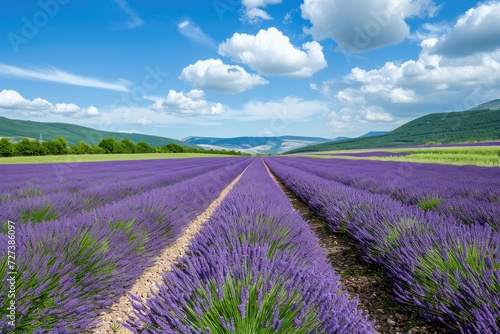 A scenic view of a vast field filled with blooming lavender flowers, set against a majestic backdrop of mountains, A panorama of vast lavender fields under a radiant summer sky, AI Generated