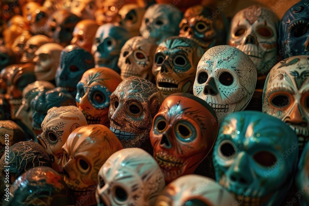 A photo showcasing a collection of skulls, each painted with a unique and vibrant color, A party scene filled with intricately designed Halloween masks, AI Generated