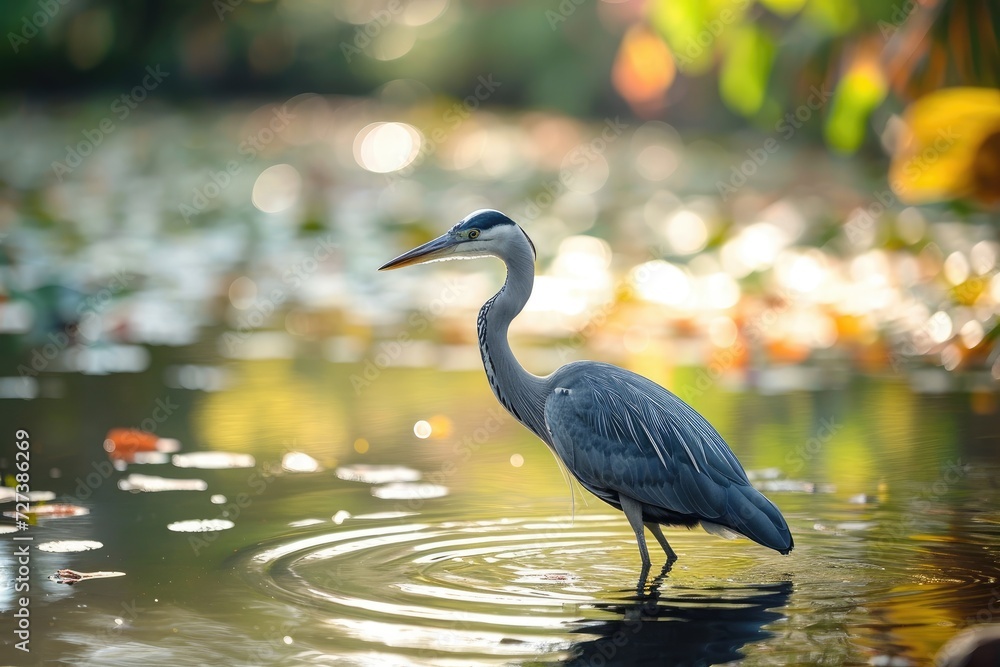 Naklejka premium A bird stands in a body of water, showcasing the natural behavior of the avian species in its environment, A patient heron standing in a serene pond, waiting for fish, AI Generated