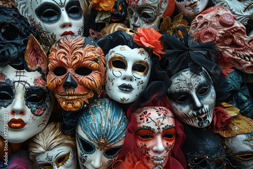 A diverse collection of masks in various colors and designs, each portraying a different facial expression, A party scene filled with intricately designed Halloween masks, AI Generated