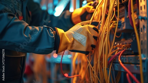 Close-up shot of an electrician carefully repairing wiring and electrical equipment.