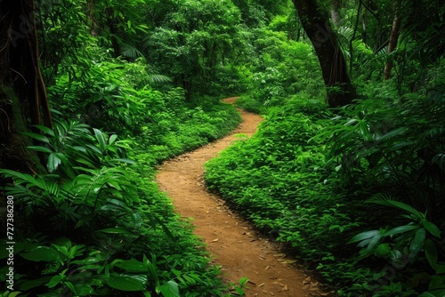 A picturesque path leads through the dense green forest, creating a picturesque scene with sunlight filtering through the trees, A pathway meandering through a lush green forest, AI Generated