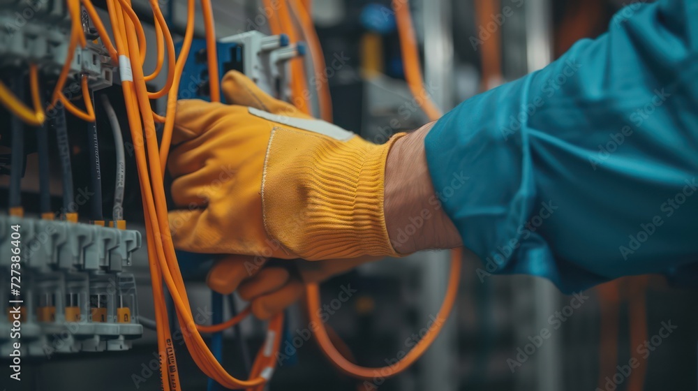 Close-up shot of an electrician carefully repairing wiring and electrical equipment. Close-up shot of an electrician carefully repairing wiring and electrical equipment.