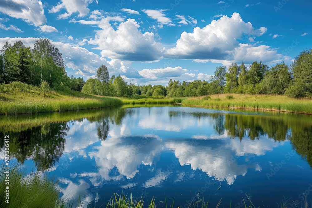 A picturesque lake with clear blue water located in a serene setting of vibrant green grass and towering trees, A peaceful pond reflecting a perfect summer sky, AI Generated