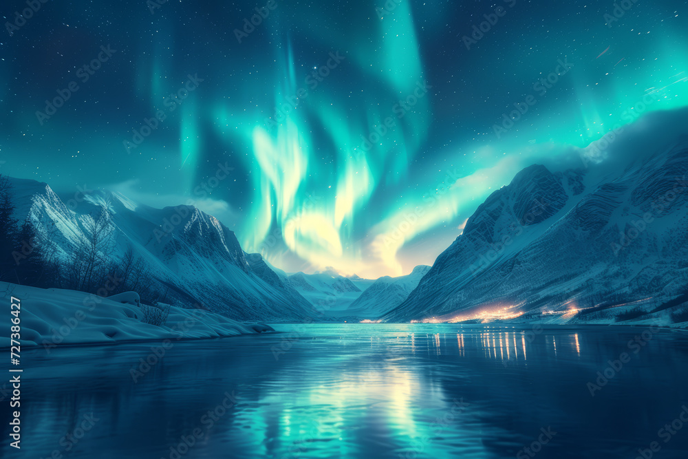 A breathtaking celestial display of the Northern Lights dancing across the Arctic sky, representing the awe-inspiring wonders of the polar regions. Concept of aurora borealis magic. Generative Ai.
