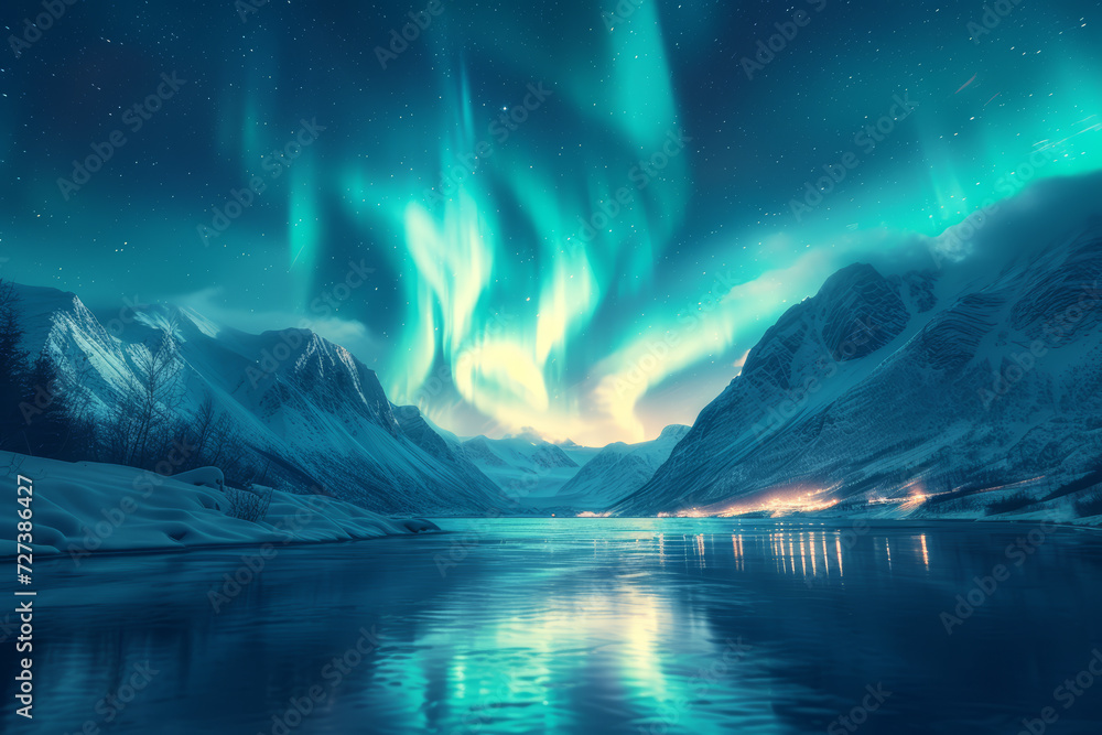 A breathtaking celestial display of the Northern Lights dancing across the Arctic sky, representing the awe-inspiring wonders of the polar regions. Concept of aurora borealis magic. Generative Ai. A breathtaking celestial display of the Northern Lights dancing across the Arctic sky, representing the awe-inspiring wonders of the polar regions. Concept of aurora borealis magic. Generative Ai.