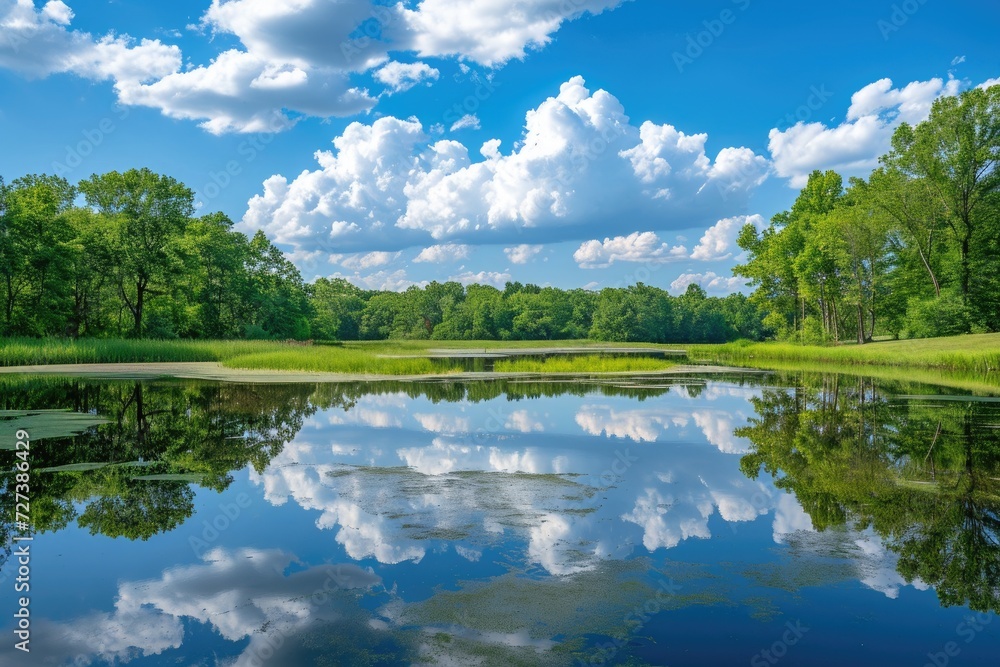 In this photo, a large expanse of water is bordered by a dense forest, creating a picturesque view of natures beauty, A peaceful pond reflecting a perfect summer sky, AI Generated