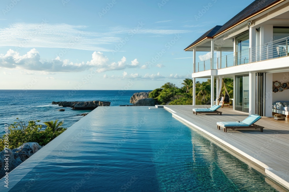 A spacious swimming pool, located just steps away from the ocean, offering a stunning view of the sea, A picture-perfect beach house overlooking a serene ocean, AI Generated