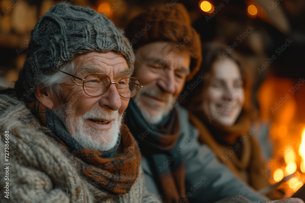 Grandparents sharing stories with their grandchildren around a fireplace, illustrating the passing down of family history. Concept of intergenerational storytelling. Generative Ai. Grandparents sharing stories with their grandchildren around a fireplace, illustrating the passing down of family history. Concept of intergenerational storytelling. Generative Ai.