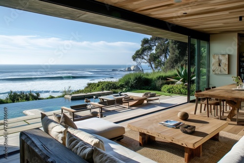 A Living Room Filled With Furniture and a View of the Ocean, A picture-perfect beach house overlooking a serene ocean, AI Generated © Ifti Digital
