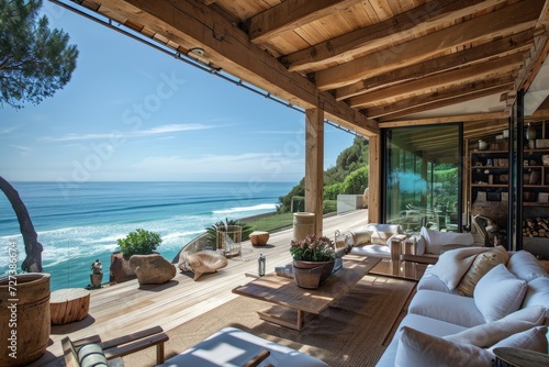 This photo showcases a spacious living room that offers a stunning view of the ocean through large windows, A picture-perfect beach house overlooking a serene ocean, AI Generated © Ifti Digital