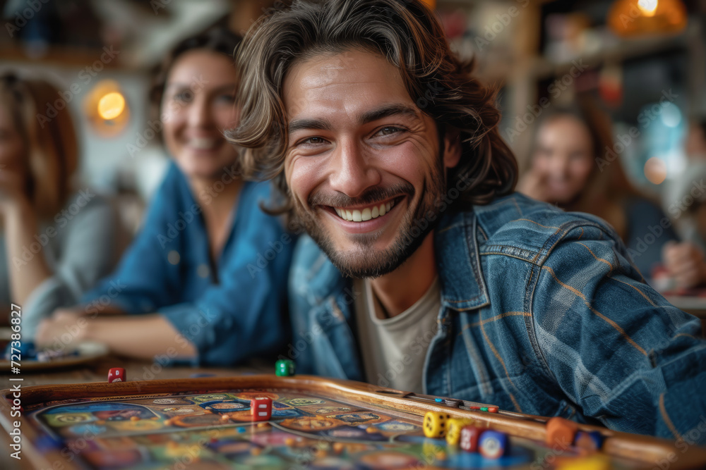 Friends enjoying a game night filled with laughter and friendly competition, epitomizing the joy of shared recreational activities. Concept of game night bonding. Generative Ai.
