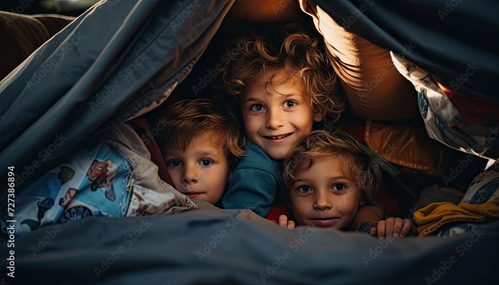 Group of Children Laying in Bed Under Canopy