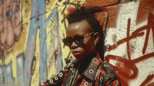 Portrait of fashion African woman punk-style outfit on graffiti wall background