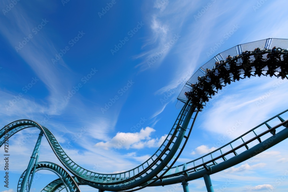 Roller Coaster Racing Through a Blue Sky, A rollercoaster ride as an analogy of fluctuating inflation rates, AI Generated