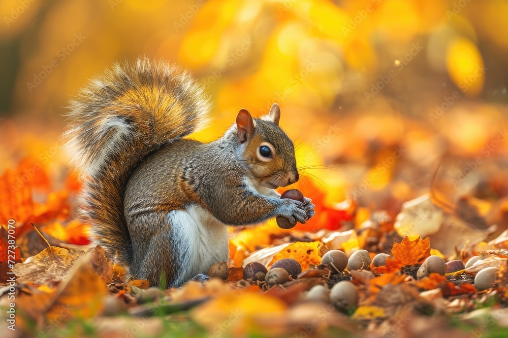 A squirrel is shown eating a nut amidst a pile of fallen leaves, A playful image of a squirrel gathering acorns, AI Generated A squirrel is shown eating a nut amidst a pile of fallen leaves, A playful image of a squirrel gathering acorns, AI Generated