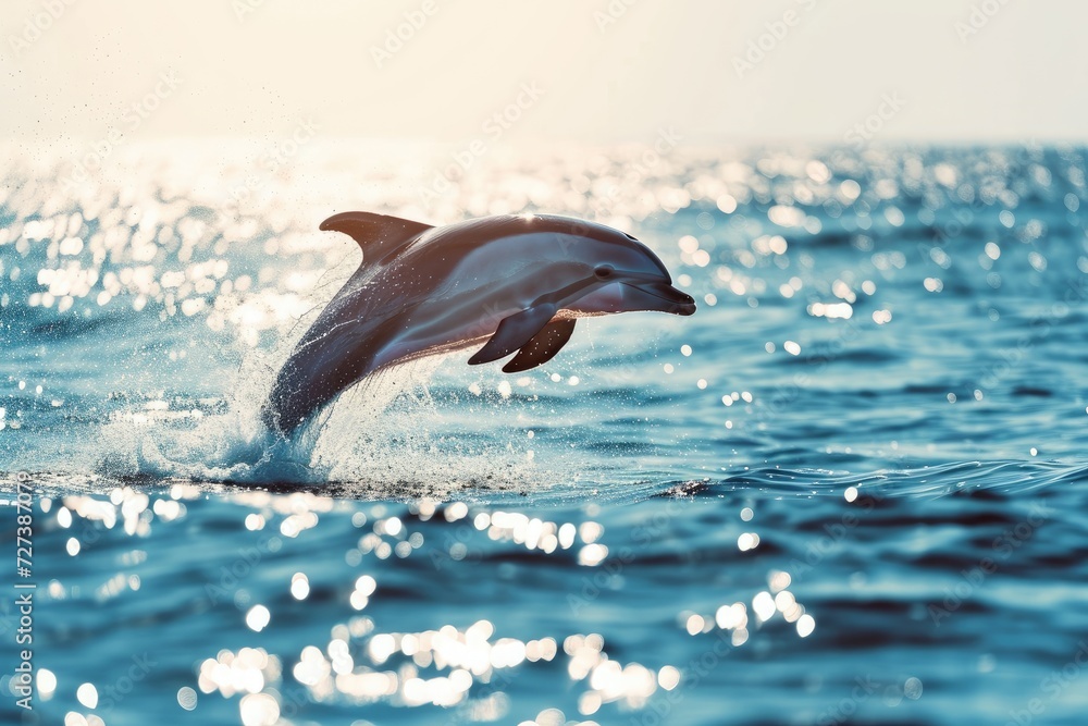 A dolphin gracefully leaps out of the water, showcasing its agility and strength, A playful dolphin leaping out of the sparkling ocean, AI Generated