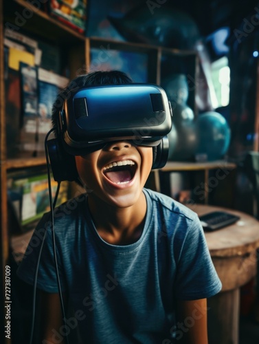 A 12-year-old boy wearing a VR headset, immersed in a virtual world, with a joyful smile. Generative AI. © Natalia