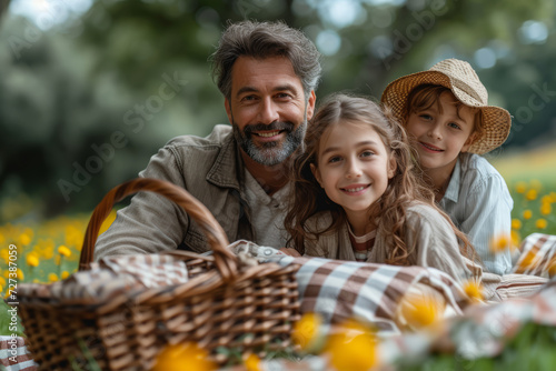 A family picnicking in a park with a checkered blanket and classic picnic basket, evoking the charm of simpler times in the 60s. Concept of timeless family outings. Generative Ai.
