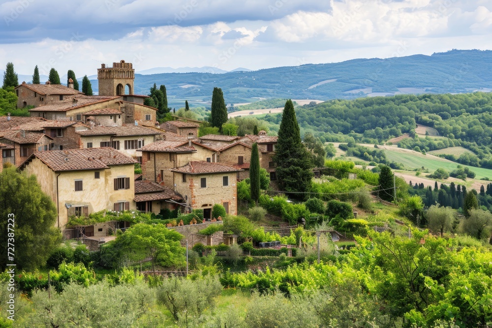 A large building with a tower gracefully positioned on a vibrant green hillside in a picturesque setting, A quaint village nestled in the rolling hills of Tuscany, AI Generated