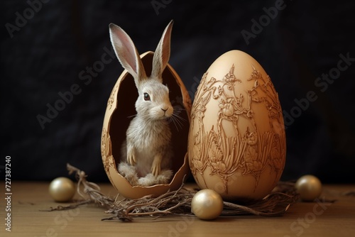 Easter bunny in a large wooden egg, golden eggs around. Generative AI
