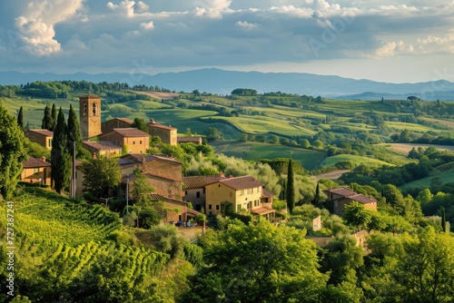 A small community nestled on a hill, encircled by a dense forest of trees, A quaint village nestled in the rolling hills of Tuscany, AI Generated