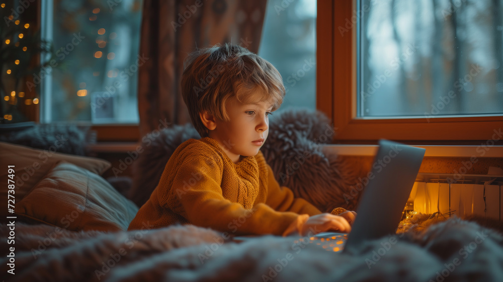 kid in the bed in dark room looking at laptop,ai