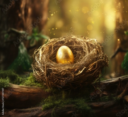 Golden egg in nest in the forest. Generative AI.