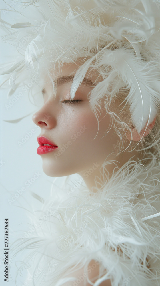woman in white dress with white feathers, fashion photo