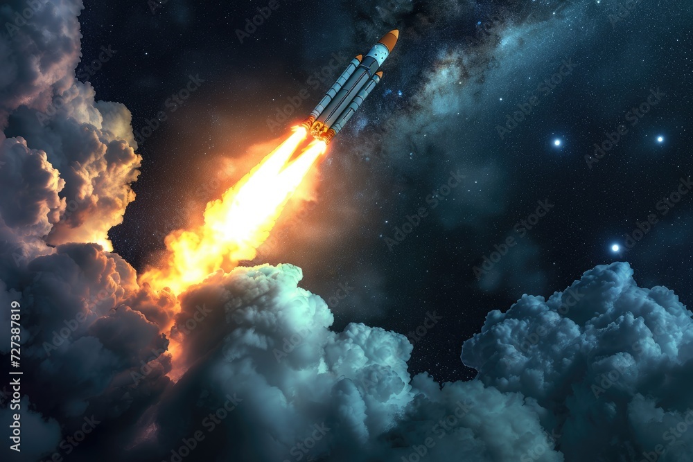 An artists depiction of a rocket propelling into outer space, showcasing the powerful launch and trajectory of the spacecraft, A rocket labeled 'Inflation' shooting off into space, AI Generated