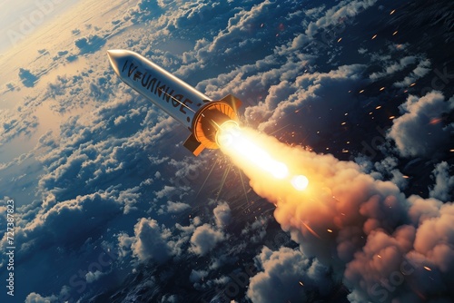 An artists depiction of a rocket ascending into space, showcasing the impressive power and technology behind space exploration, A rocket labeled 'Inflation' shooting off into space, AI Generated