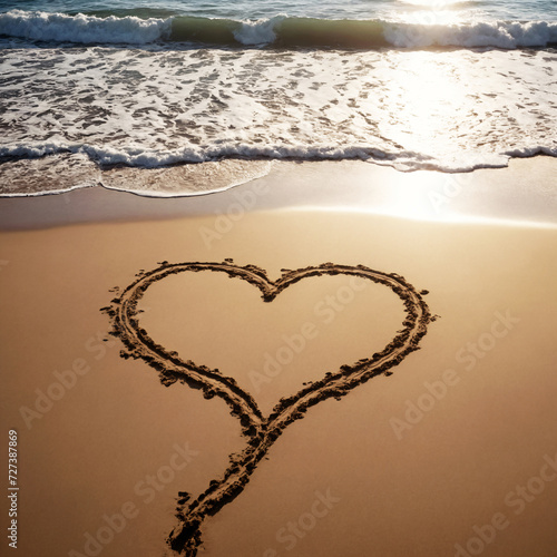 A heart drawn in the sand near the sea.