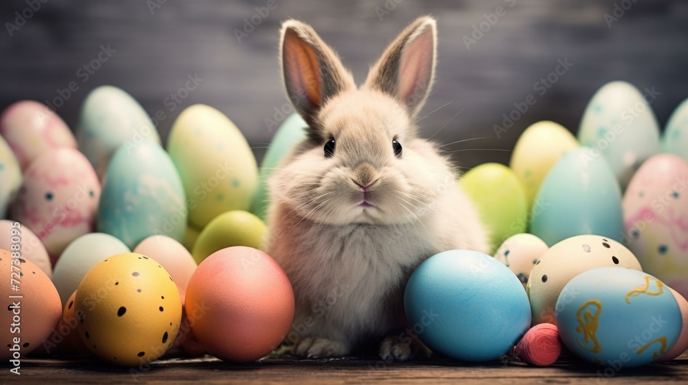 A bunny is surrounded by colorful eggs. Generative AI.