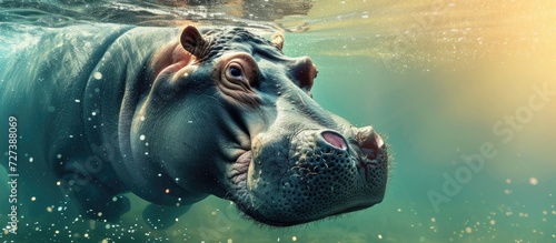 A lone hippopotamus beneath the water's surface.