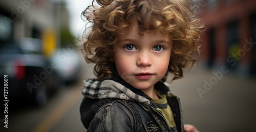 A young boy with curly hair and blue eyes. Generative AI.