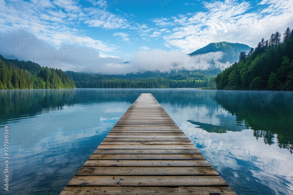 A wooden dock extends into the calm waters of a picturesque lake, A rustic wooden pier on a tranquil lake, AI Generated