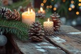 A wooden table is adorned with pine cones and candles, creating a rustic and cozy atmosphere, A rustic Christmas setting with pinecones and candles, AI Generated