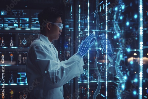 A man wearing a lab coat and goggles focuses on operating a machine in a laboratory, A scientist interacting with holographic data on human genetics, AI Generated