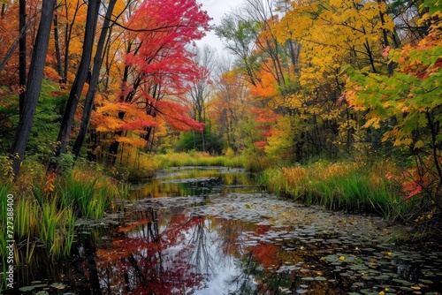 In this photo, a beautiful river is seen flowing through a forest filled with vibrant autumn foliage, A serene forest during autumn with vibrant foliage, AI Generated