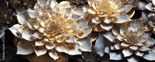 there are many gold flowers that are on a black surface