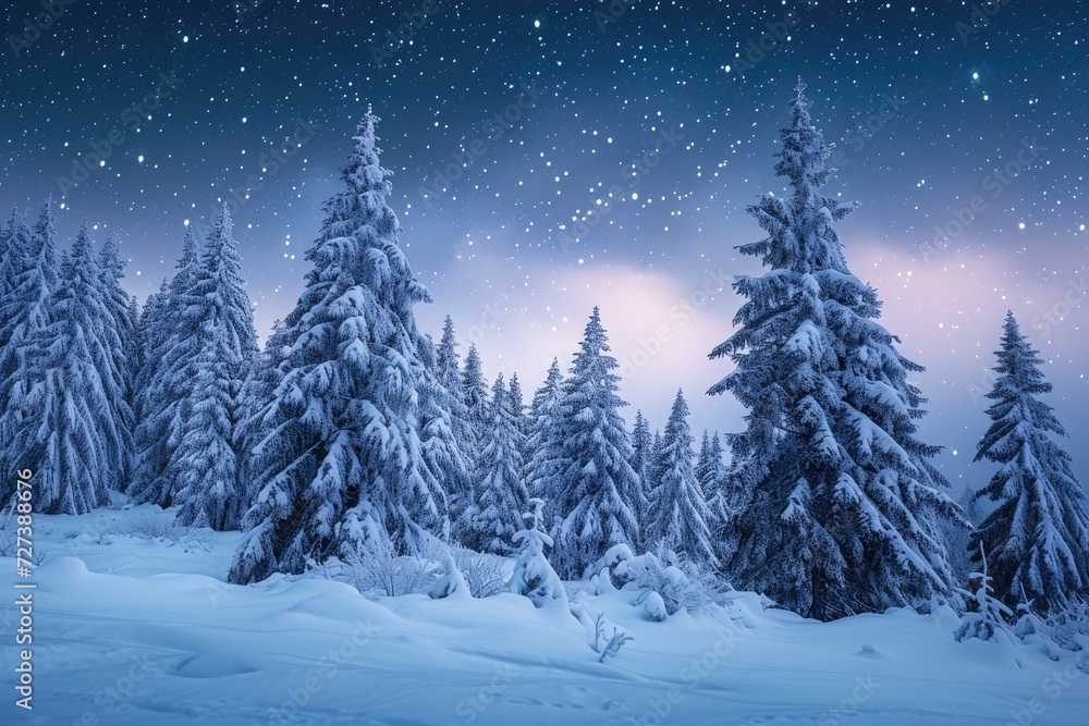 A picturesque snowy forest with trees covered in a thick layer of snow, creating a stunning winter landscape, A snow-covered pine forest under a starry night sky, AI Generated