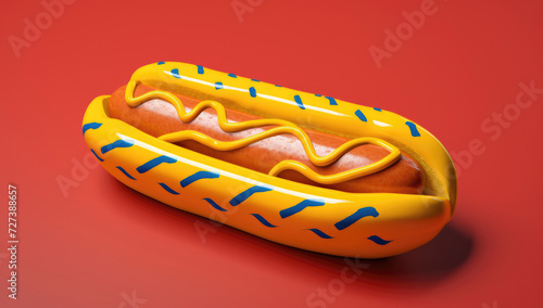 A stylized 3D rendering of a hot dog with mustard  set against a vibrant red background  creating a playful and appetizing visual.