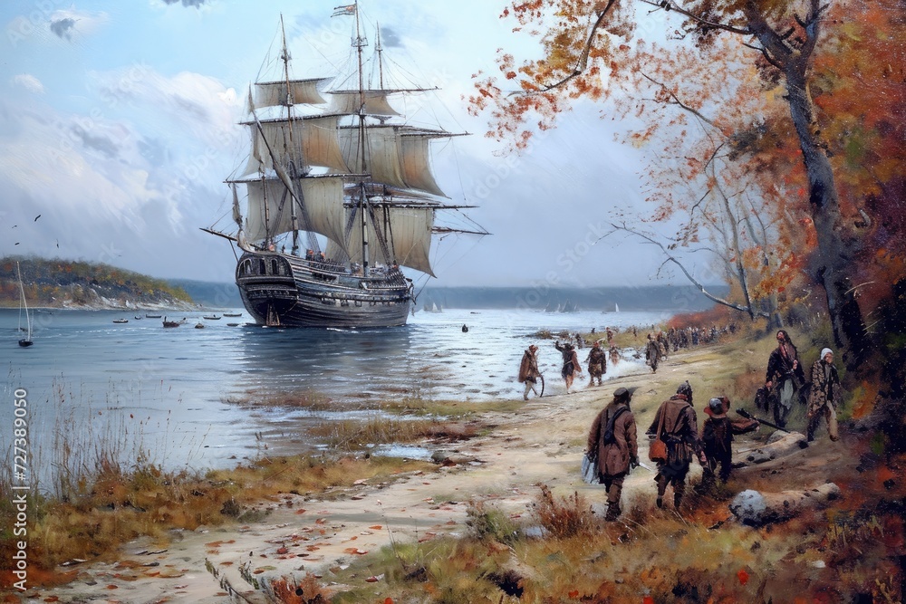 A realistic painting of a ship sailing on the water, with a clear blue sky in the background, A tableau of the Mayflower ship arriving with Pilgrims for the first Thanksgiving, AI Generated