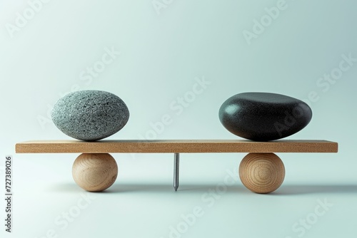 A couple of rocks sit atop a sturdy wooden bench, creating a simple and natural scene, A symbolic representation of the balance between SEO and paid advertising, AI Generated