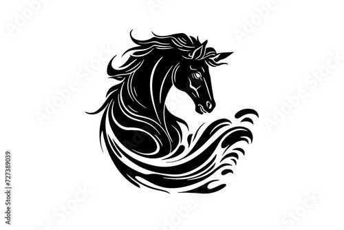 Black horse head logotype. Engraved style hand drawn ink sketch.