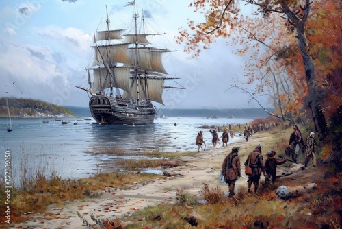 A realistic painting of a ship sailing on the water, with a clear blue sky in the background, A tableau of the Mayflower ship arriving with Pilgrims for the first Thanksgiving, AI Generated